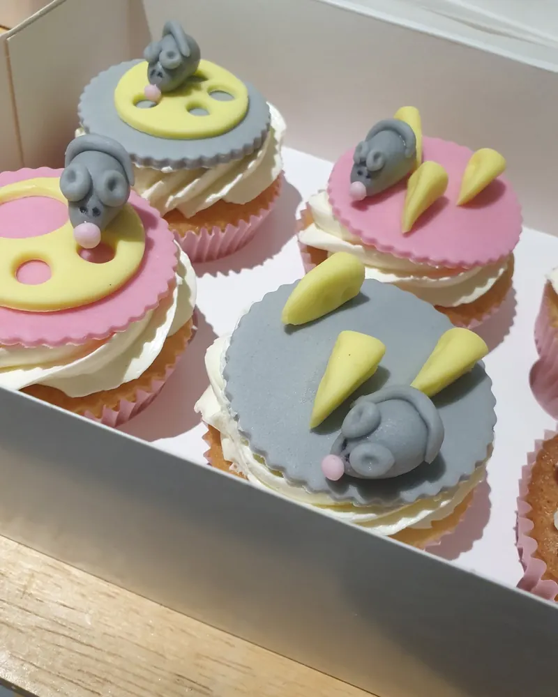 Cupcakes met muisjes en kaasjes van suikerpasta