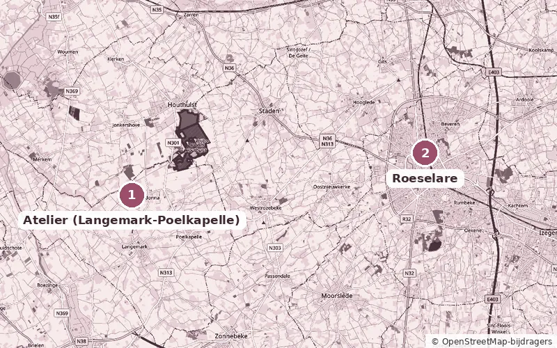 Kaart met de twee afhaalpunten van 't Bakatelier: 1 het atelier in Langemark-Poelkapelle (Gistelhofstraat 134) en 2 in Roeselare (Barnumerf 18), ongeveer 15 km oostelijker. Ook Houthulst, Staden en Poelkapelle staan erop.